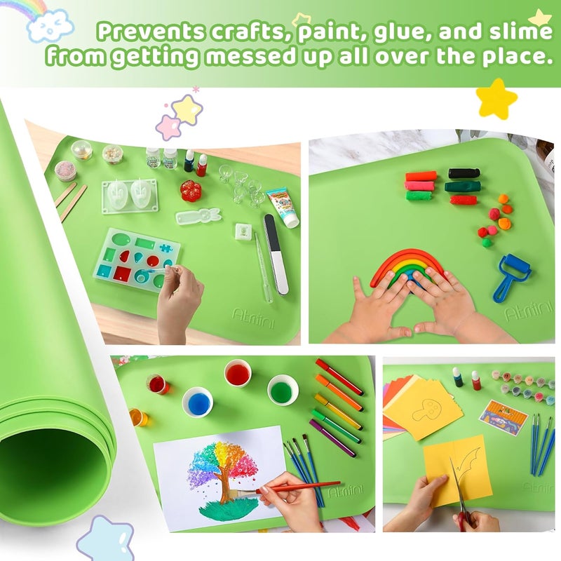 AtMini Store Silicone Craft Mats for Kids 24"x16"– with Raised Lip & Non-Slip | Reusable Silicone Art Mat for Play Sand, Painting, DIY Crafts | Durable Design (Green) - Image 2